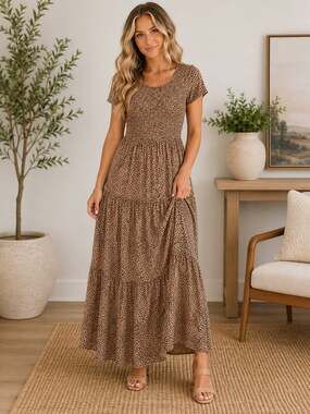 Brass & Roe CTS Leopard Print Smocked Tiered Maxi Dress Short Sleeve XS Boho